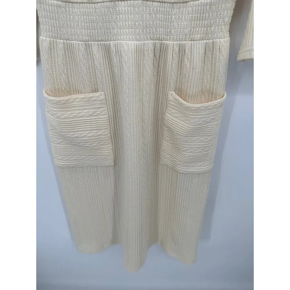 Roolee Dress Women MEDIUM Yellow Cream Knit Long Sleeve Patch Pocket Modest Midi